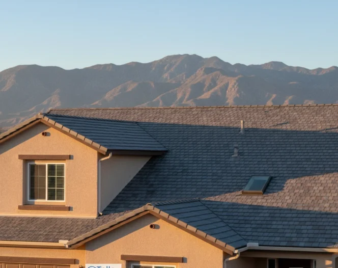 Beige house with gray roof and signs reading 'Tello Construction' under mountain range at sunset
